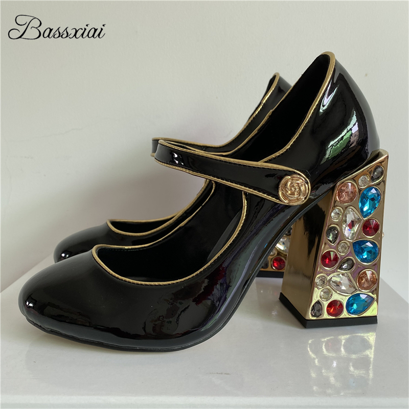 Patent Leather Pump - Renkli Elmas Kare Yüksek Topuk Kadın