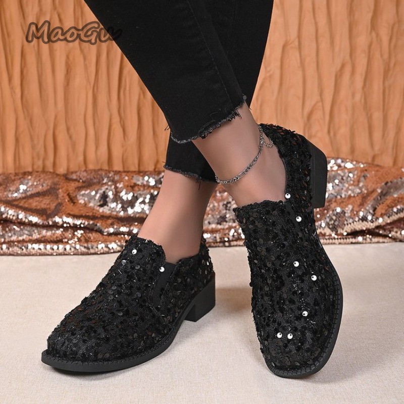 Women'S Shoes Loafers Black - Siyah Payetler Kadın Loafer'ları Slip-on Orta