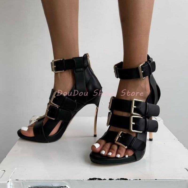 Women'S Shoes Trendy - Siyah Kemer Tokalı Açık Burun Metal