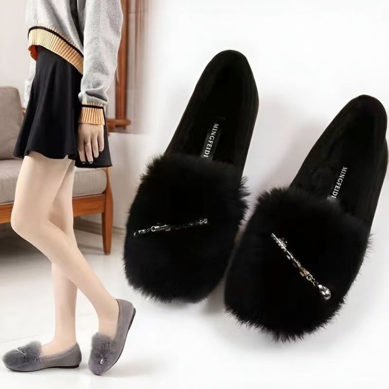 Women'S Shoes Loafers Black - Siyah Tüylü Kadın Loafer Ayakkabıları, Peluş,